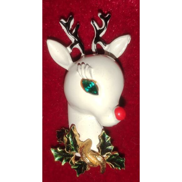 ART Jewelry - Vtg Signed ART Rudolph Reindeer Christmas White Green Brooch Enamel & Rhinestone